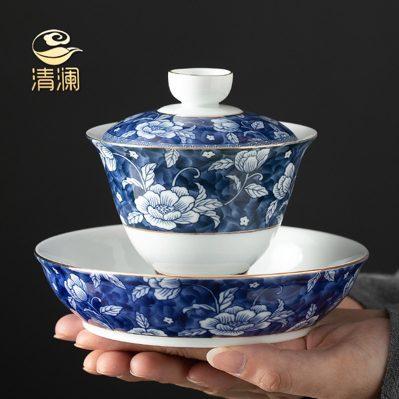 Green Flower Porcelain Triple cover Bowl Tea Cup Tea Bowl Home Tea White Porcelain Kongfu Tea With Ceramic Pot bearing Dry Bubble table single