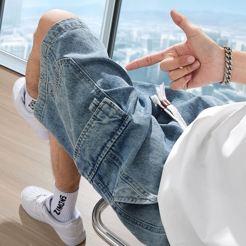 American Retro Workwear Multi-Pocket Denim Shorts for Men, Summer Trendy Brand Loose Straight-Leg Pants, Casual Drawstring Mid-Length Thin Pants