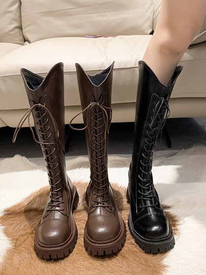 厚底棕色长筒靴v口骑士靴小粗腿长靴胖mm大筒围高筒靴大码女靴子