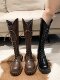 厚底棕色长筒靴v口骑士靴小粗腿长靴胖mm大筒围高筒靴大码女靴子