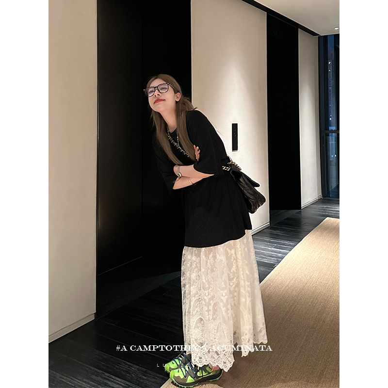 LUU Tao Xier/ホワイトレーススカート Aライン レディース 夏 スリム ニッチデザイン 伸縮性ウエスト ミディアム丈スカート