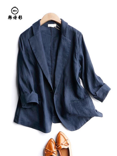 复古宽松七分袖外套女2025春夏秋季棉麻通勤西服纯色大码气质上衣