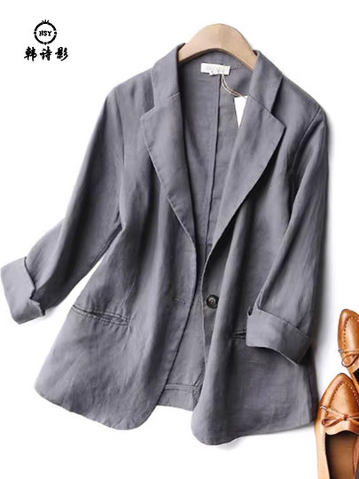 复古宽松七分袖外套女2025春夏秋季棉麻通勤西服纯色大码气质上衣