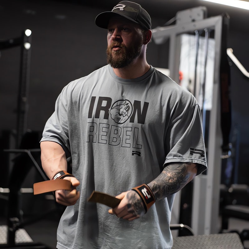 Ir Rhino Loose T-Shirt for Men, Five-Quarter Sleeves, Fitness, Large Size, Pure Cotton, Breathable, Powerlifting Training, Short-Sleeved Sports Half-Sleeve
