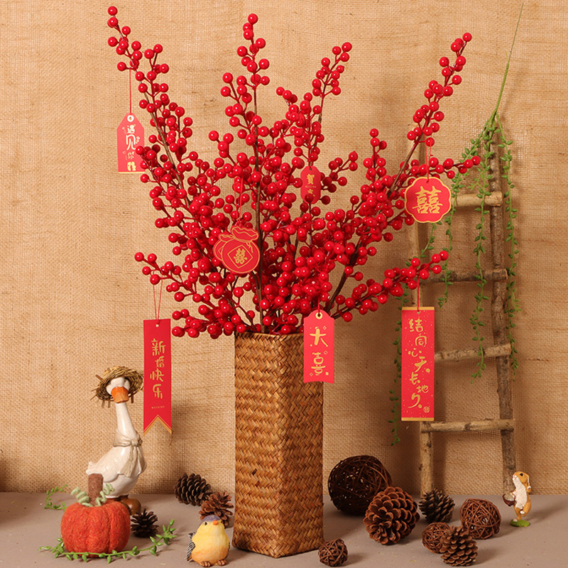 Red Fortune Fruit Simulation Flower Red Fruit Berry New Year Flower Arrangement Fake Flower Decoration Holly Acacia Fruit Living Room Decoration