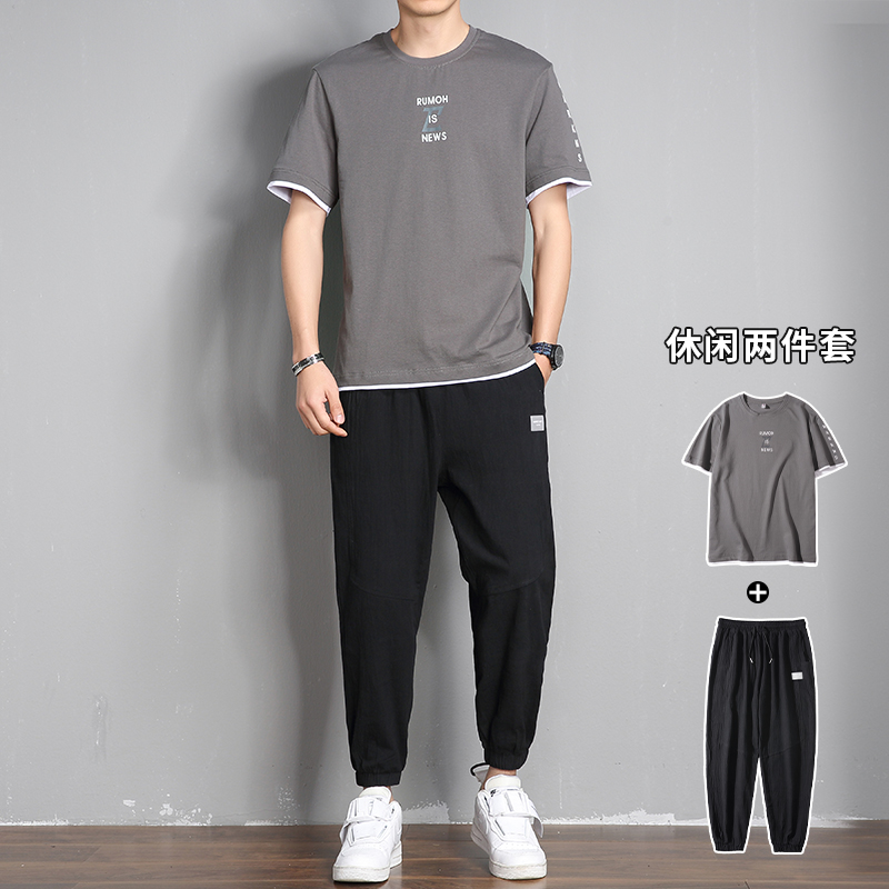 Sport suit men's summer 2022 loose cotton crewneck short-sleeved T-shirt pants with a casual two-piece set