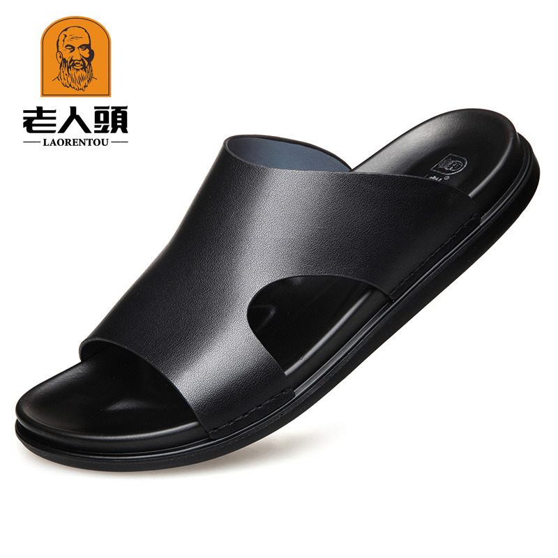 Old man's head slippers men's 2022 spring and summer new leather soft-soled beach shoes men's leather one word sandals and slippers men's tide