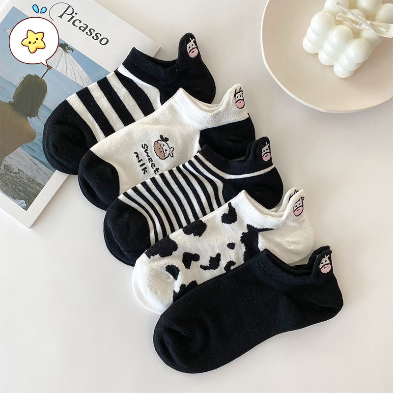 Black and white embroidered socks children's tide short socks shallow summer thin Korean cartoon cow cute Japanese invisible socks