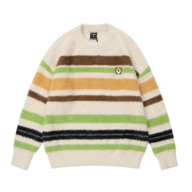 NOONOZ Contrast Color Striped Mohair Sweater Men's 2023 Early Autumn Sweater Lazy Style Ins Couple Wear