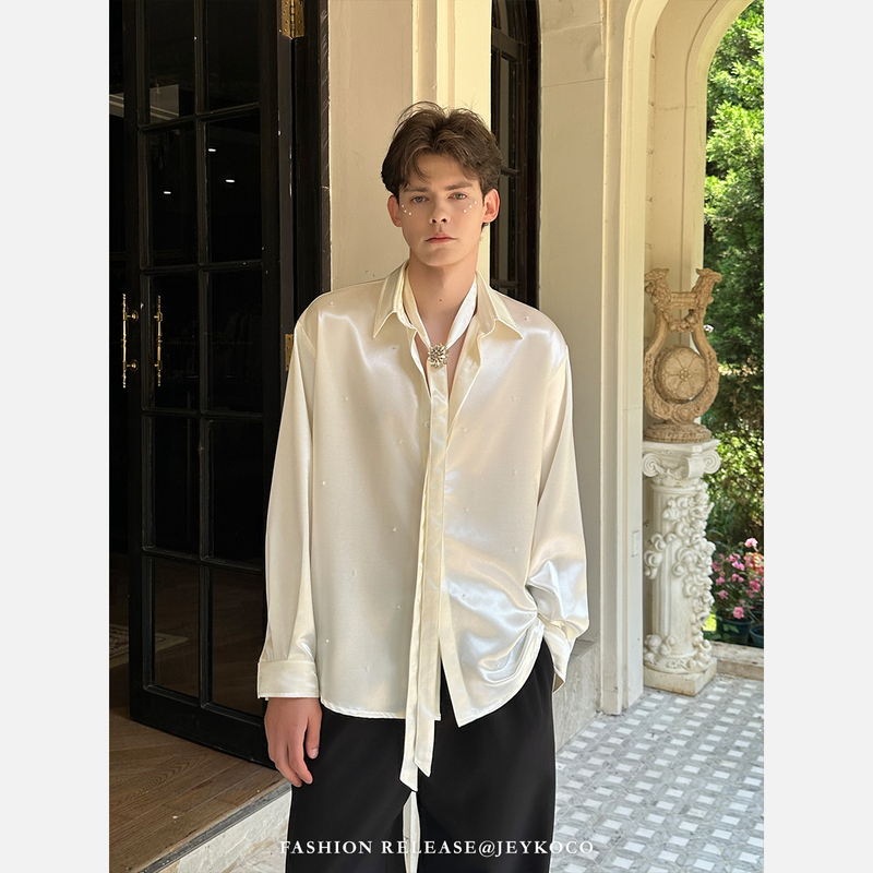 Jeykoco White Pearl Ribbon Decorated Shirt Men's Long-Sleeved Lapel High-End Trendy Fashion Satin Shirt Jeykoco White Pearl Ribbon Decorated Shirt Men's Long-Sleeved Lapel High-End Trendy Fashion Satin Shirt