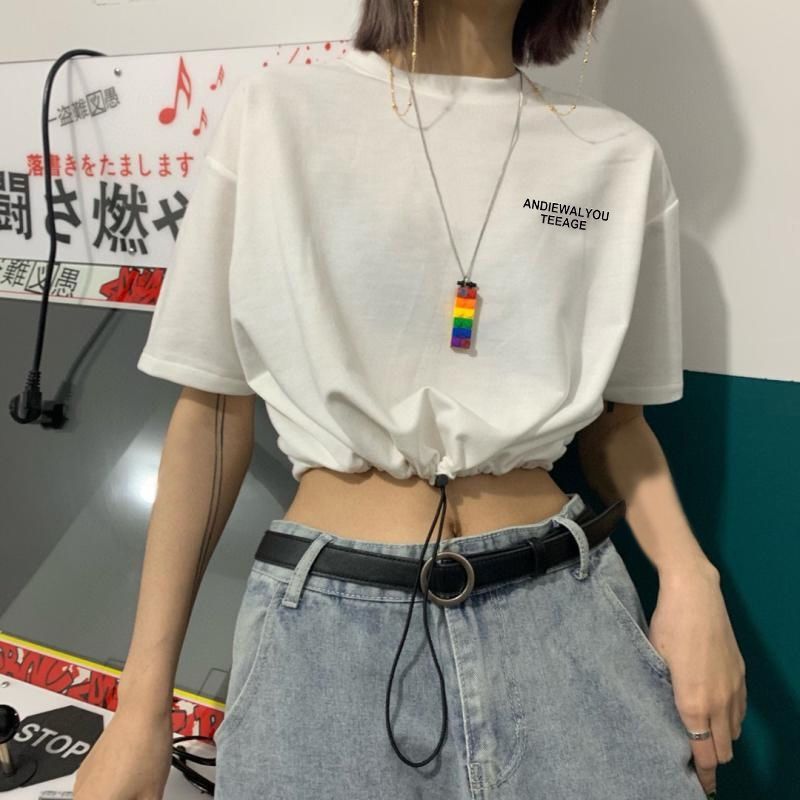 Drawstring White Student T-Shirt for Women, Short-Sleeved, Korean Style, Loose, Lazy Style, Short, Versatile, High-Waisted, Sweet and Spicy Top ins Trendy