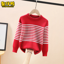 Girl Sweater Spring Fall in thin section Striped Striped Needle Weaselwear Cotton Pure Cotton Undershirt Foreign Air Girl Line Clothes Autumn Clothing