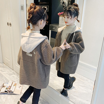 Medium Length Girl Jacket Autumn Winter 2022 New Ocean Gas Tandem Cap Thickened Children Dress Loose Trendy Lamb Suede Blouse