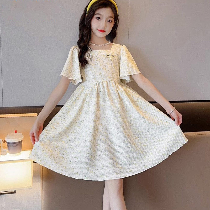 Girl's summer dress 2023 new foreign air children trendy square collar crushed flower dresses sweet and super fairy princess dresses-Taobao