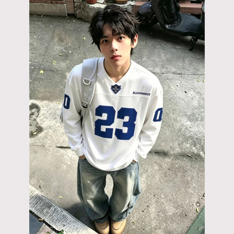 American Retro Heavy-Duty Digital Embroidery Sports-Style Long-Sleeve T-Shirt for Men, Loose Casual Versatile Top for Spring and Autumn