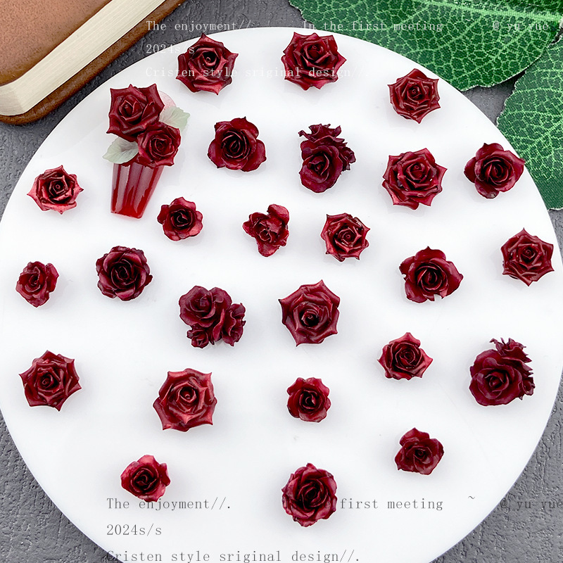 Popular Retro Burgundy New Year Style Soft Flower Nail Art Accessories, Luminous Red Rose Carved Nail Art Accessories