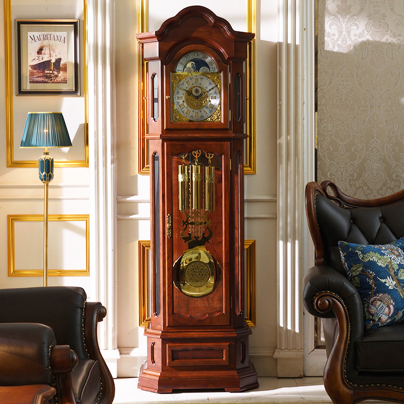 German Hermler New Chinese red wood landing bell European style living room villa mechanical retro vertical seat clock large pendulum clock-Taobao