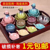 Pallet Beauty Salon Special Ceramic Essential Oil Bowl Deployment Saucer Thai Spa Oil Pot Pedicure Pushup Split Tool Wood