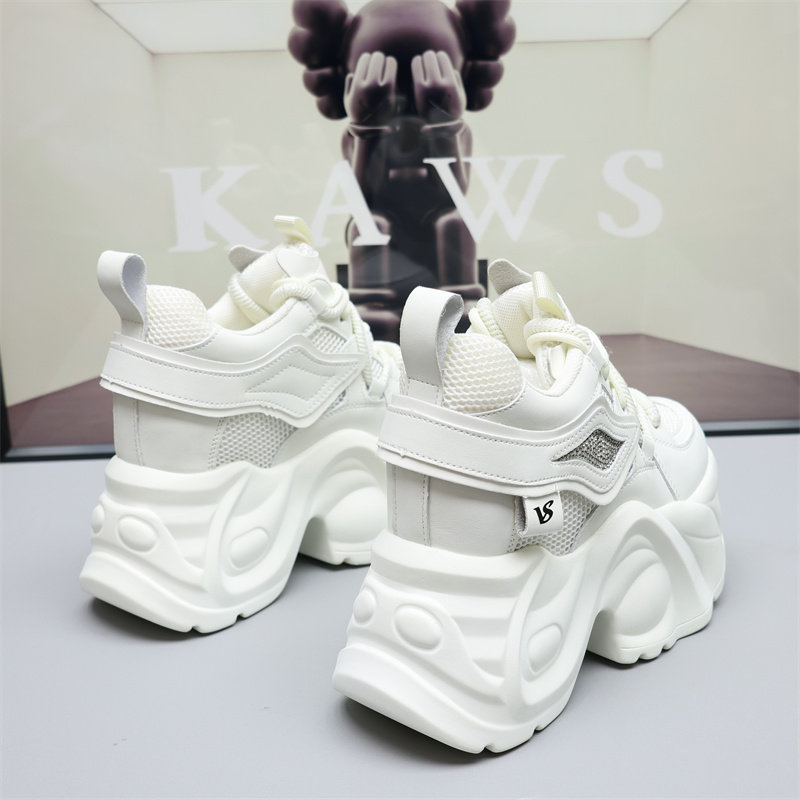 Women's Height-Increasing Dad Shoes with 14cm Platform and 12cm Thick Sole, Breathable Mesh Sneakers for Petite Women, Casual White Shoes 10