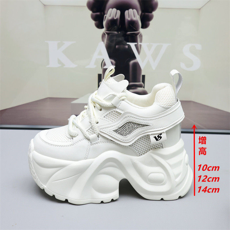 Women's Height-Increasing Dad Shoes with 14cm Platform and 12cm Thick Sole, Breathable Mesh Sneakers for Petite Women, Casual White Shoes 10