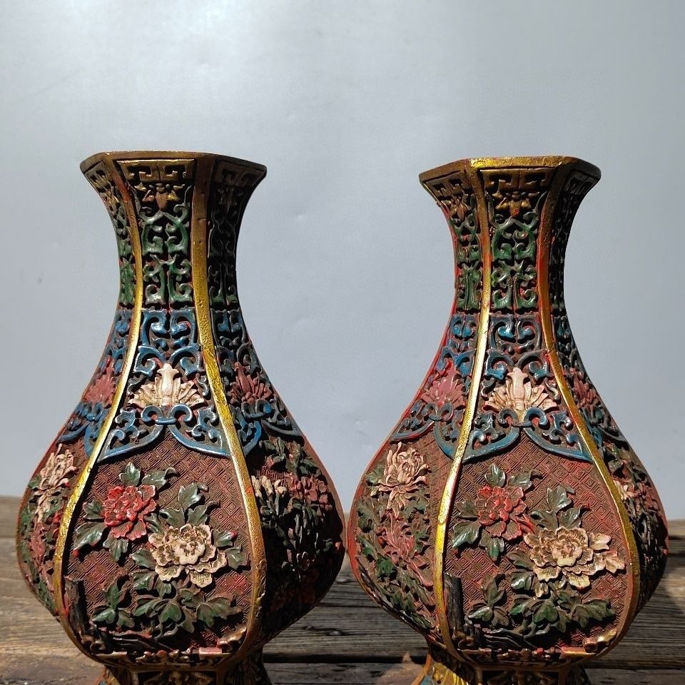 旧藏清代剔红漆器瓶一对纯手工漆器彩绘《富贵花》花瓶摆件一对评价- 淘宝网