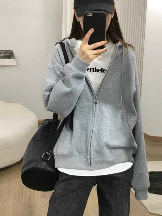 2026 New American-Style Hooded Women's Gray Cardigan Zipper Sweatshirt Women's Spring and Autumn Top Solid Color Jacket Korean Version