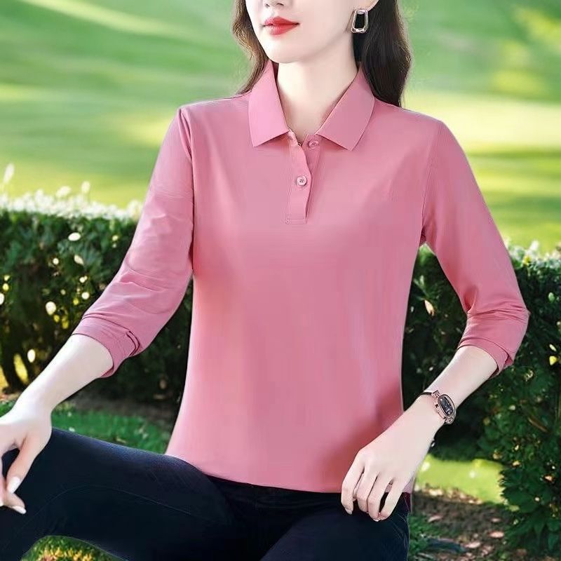 New Style Middle-Aged Mother's Polo Shirt Long-Sleeved T-Shirt for Women, Spring and Autumn Wear, Loose Fit, Slimming, Solid Color, Stylish Lapel Top