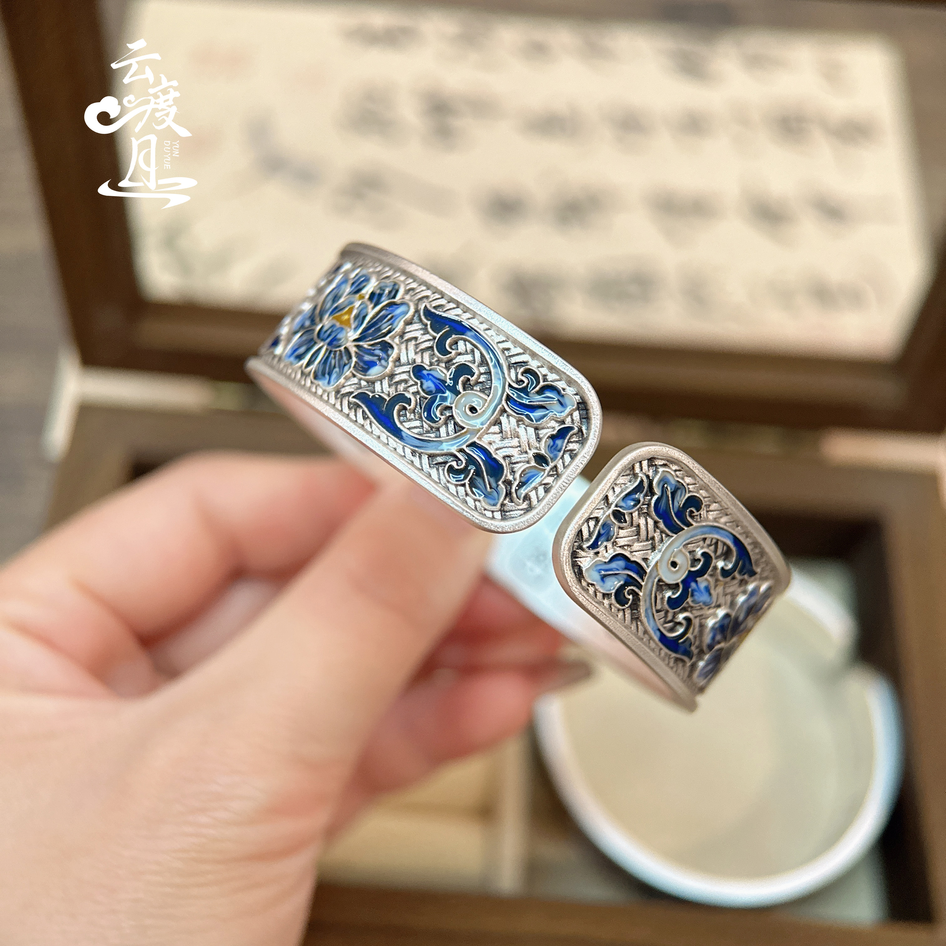 青花瓷」足银99999珐琅复古做旧开口纯银手镯，中国风重工，复古