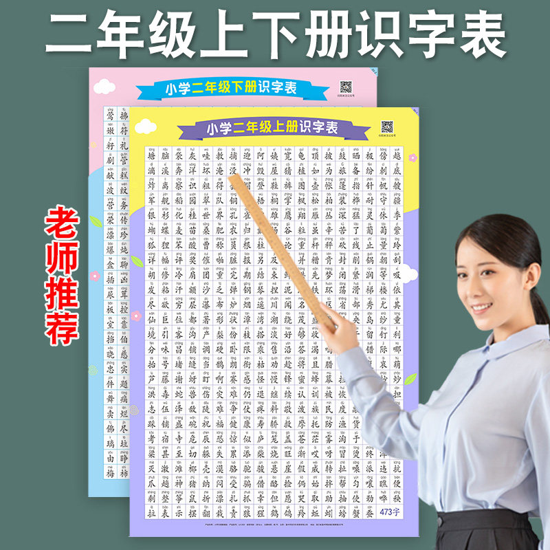 Primary school second grade one language volume one volume one volume two book recognition word literacy table wall chart human education version Chinese character card wall stickers