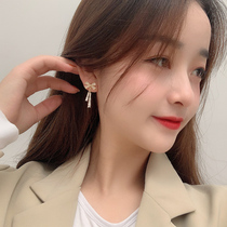 Korea Dongdaemun French bow full diamond tassel pearl drop earrings Sweet earrings Stud earrings show thin face