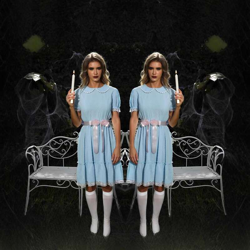 Halloween the Shining Cosplay Costume Doll Collar Lace Trim Waist-Cinching Solid Color Lace-Up Dress