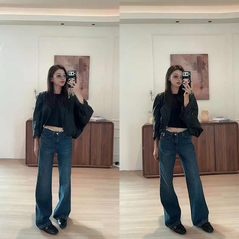 Xz Xozhi Denim · Non-Stretch Raw Hem No Waistband Vintage Washed Straight-Leg Flared Jeans 399