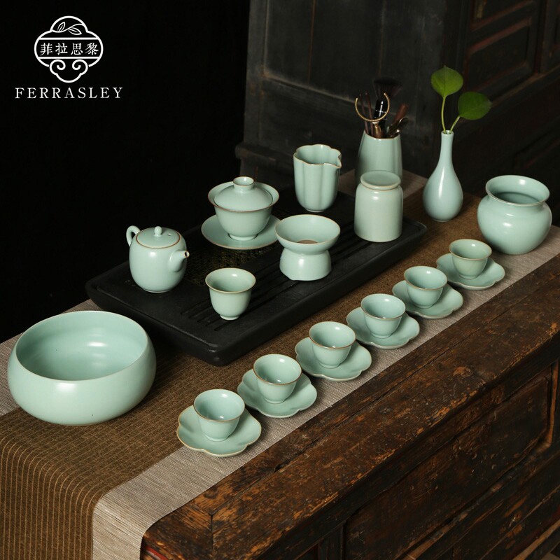 Tianqing Ru Kiln Kongfu Tea Furniture Set Group Home Office Brief About Ceramic Ice Cracking Glazed Tea Cup Teapot Tea Walk Gift Box