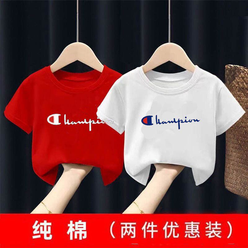 Детская хлопковая футболка Champion с короткими рукавами, модная летняя одежда в западном стиле для мальчиков и девочек, свободные дышащие топы и шорты для больших детей