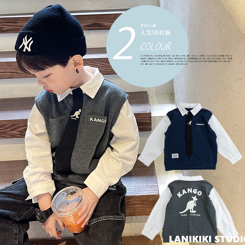 Boys fake two-piece tie college style shirt 2022 spring new children's Western style pullover long-sleeved casual top top