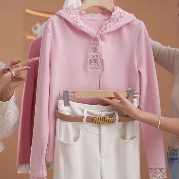 Pink Hooded Long-Sleeved T-Shirt for Women, Autumn and Winter Lace Base Layer, 2026 New Style, Fashionable and Versatile Top Pink Hooded Long-Sleeved T-Shirt for Women, Autumn and Winter Lace Base Layer, 2026 New Style, Fashionable and Versatile Top