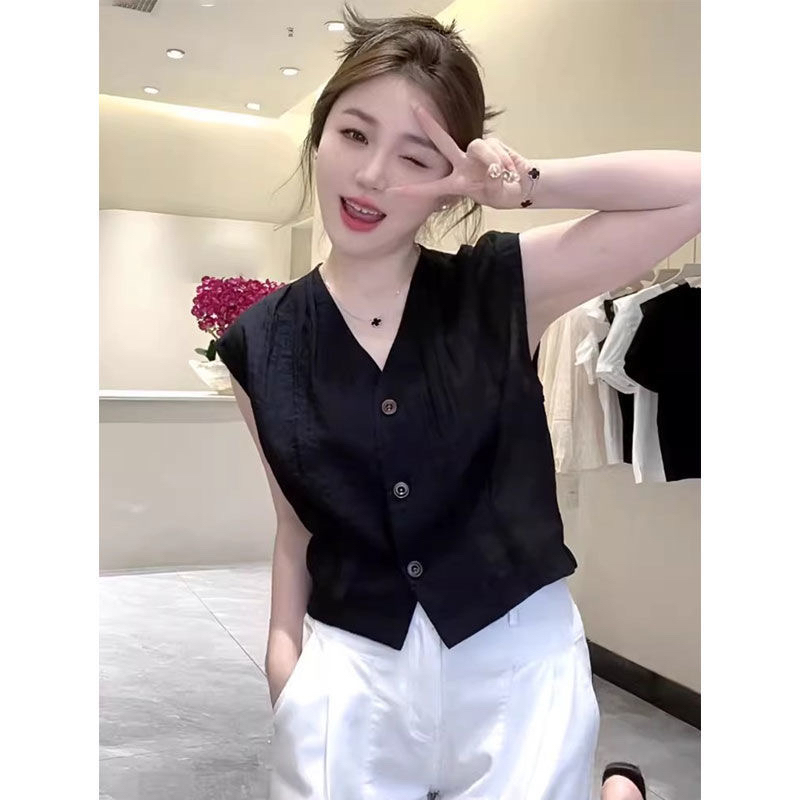 French-Style Design, Simple Sleeveless Shirt, Pure Color V-Neck, Slimming, High-Waisted, Versatile Shirt Top