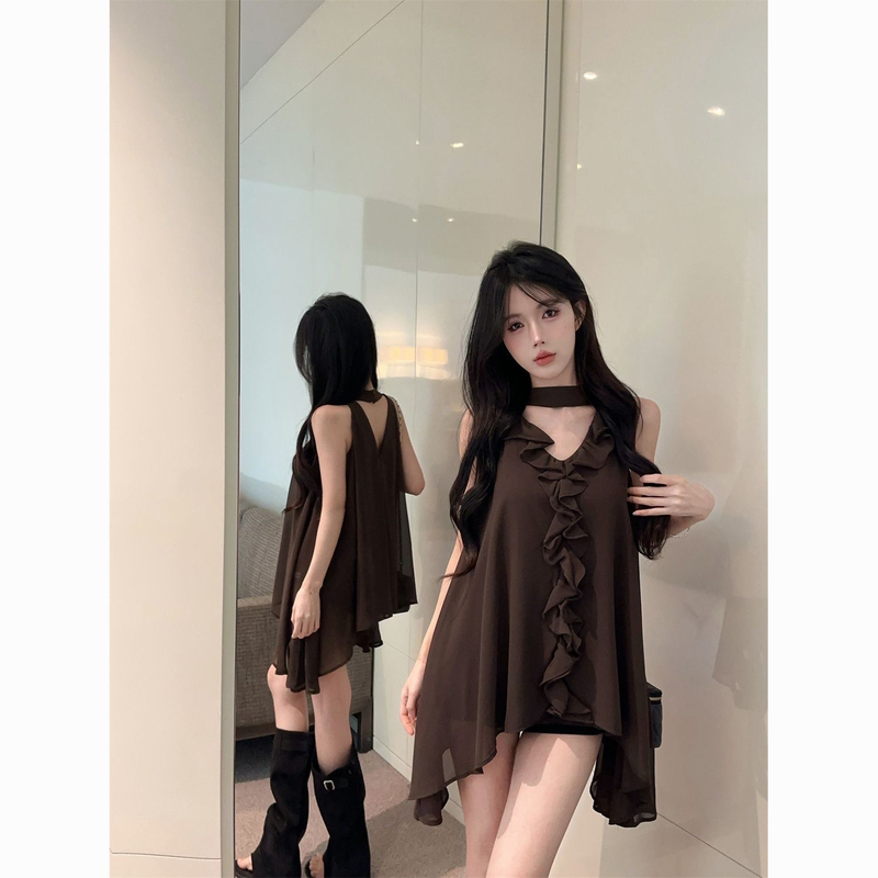 French-Style Ruffled Design Niche Vest Top for Women, Mid-Length Irregular Neck Scarf with Tassels, Summer Top