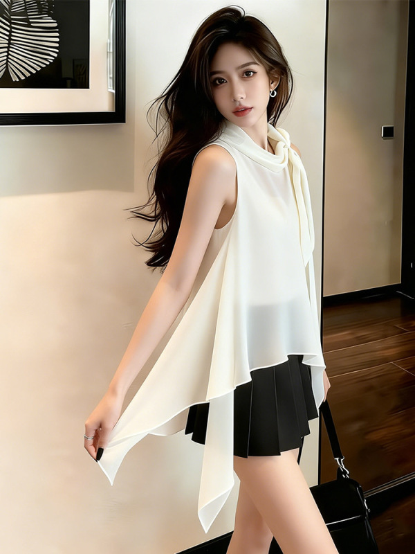 French Design-Inspired Bow-Knot Ribbon White Sleeveless Shirt for Women, Elegant Top for Summer French Design-Inspired Bow-Knot Ribbon White Sleeveless Shirt for Women, Elegant Top for Summer