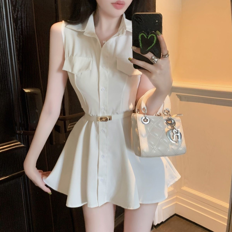 Summer 2026 French-Style Polo Collar, Schoolgirl-Inspired Design, Sleeveless, Waist-Cinching, Slimming Shirt Dress with Belt