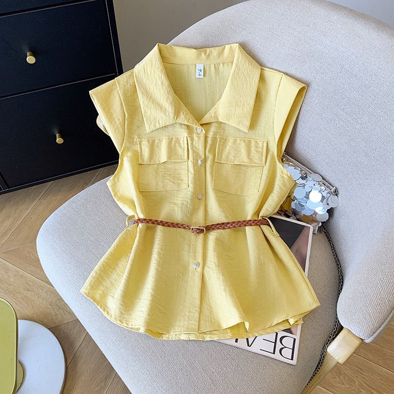 High-End Brand Women's Sleeveless Shirt with Cut Tags, Elegant Summer Korean Style, Slimming Top with Belt High-End Brand Women's Sleeveless Shirt with Cut Tags, Elegant Summer Korean Style, Slimming Top with Belt