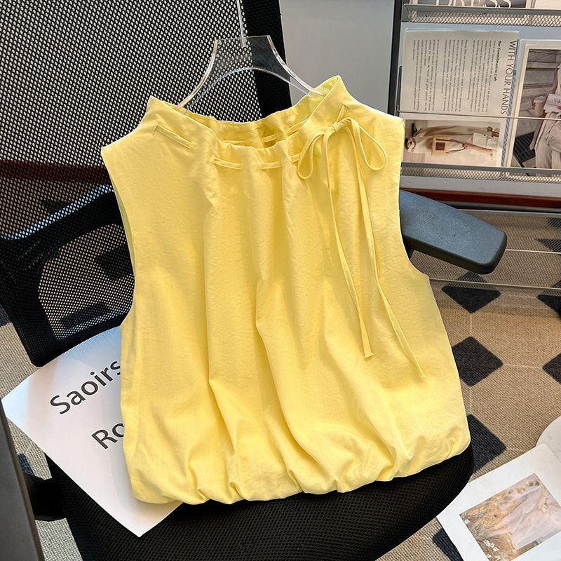 Dopamine Round-Neck Sleeveless Shirt for Women, New Summer Design with Drawstring Tie and Floral Puff Sleeve Pullover Top