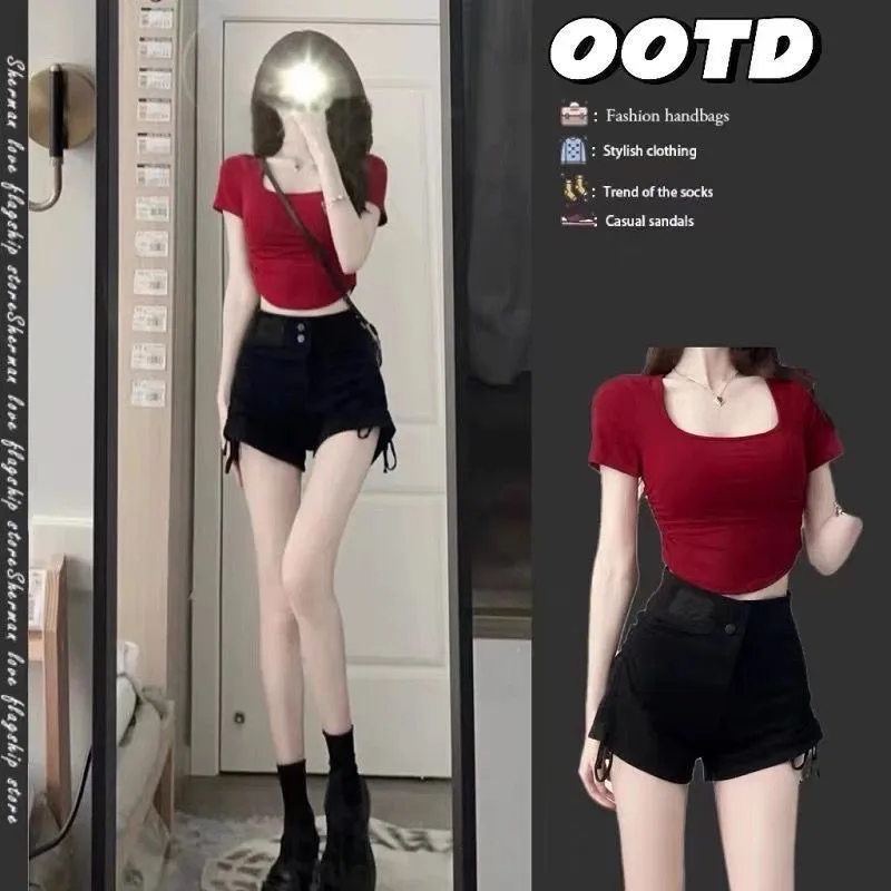 Summer Dopamine Outfits for Little People, a Complete Set of Summer Short T-Shirts, Slim Denim Shorts Two-Piece Suits for Women