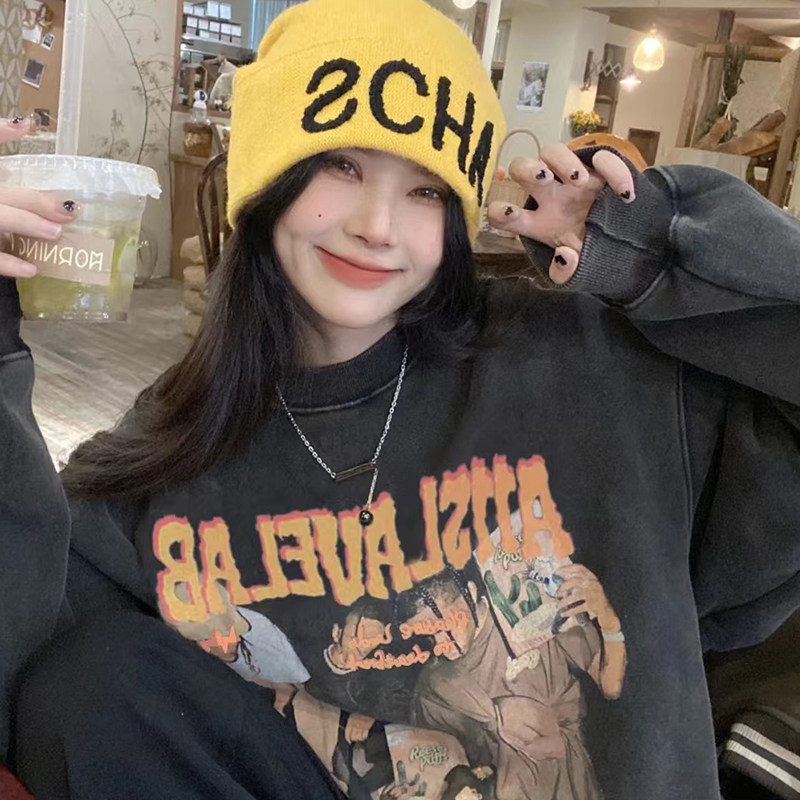 Autumn and winter slightly fat and thin, covering meat, large size, retro American sweater, thickening and velvet, retro washing process, Western style cool girl