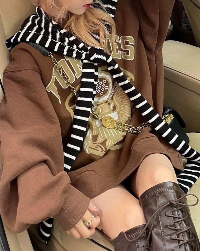 2022 autumn and winter new large size American brown retro national tide brand loose men and women couple terry round neck thick cotton T