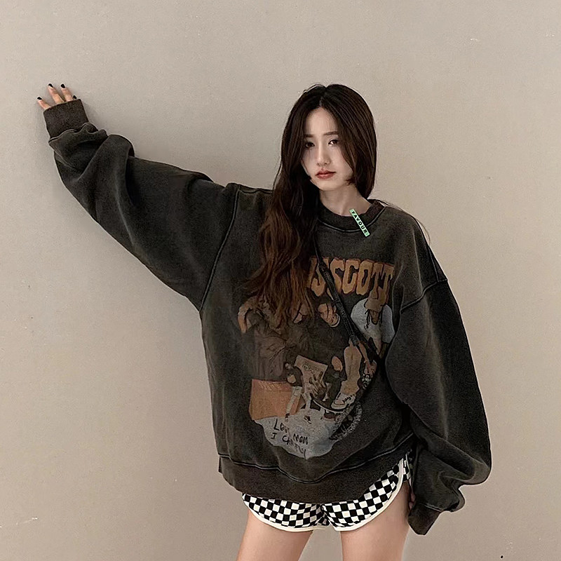 Autumn and winter couple atmosphere wear genderless hip-hop spray retro high street washed old plus velvet pullover casual top