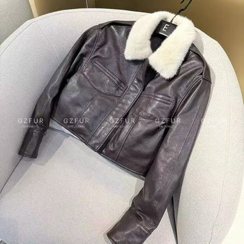 Popular women's leather jacket imported waxed sheepskin mink fur collar liner seamless down warm casual zipper style