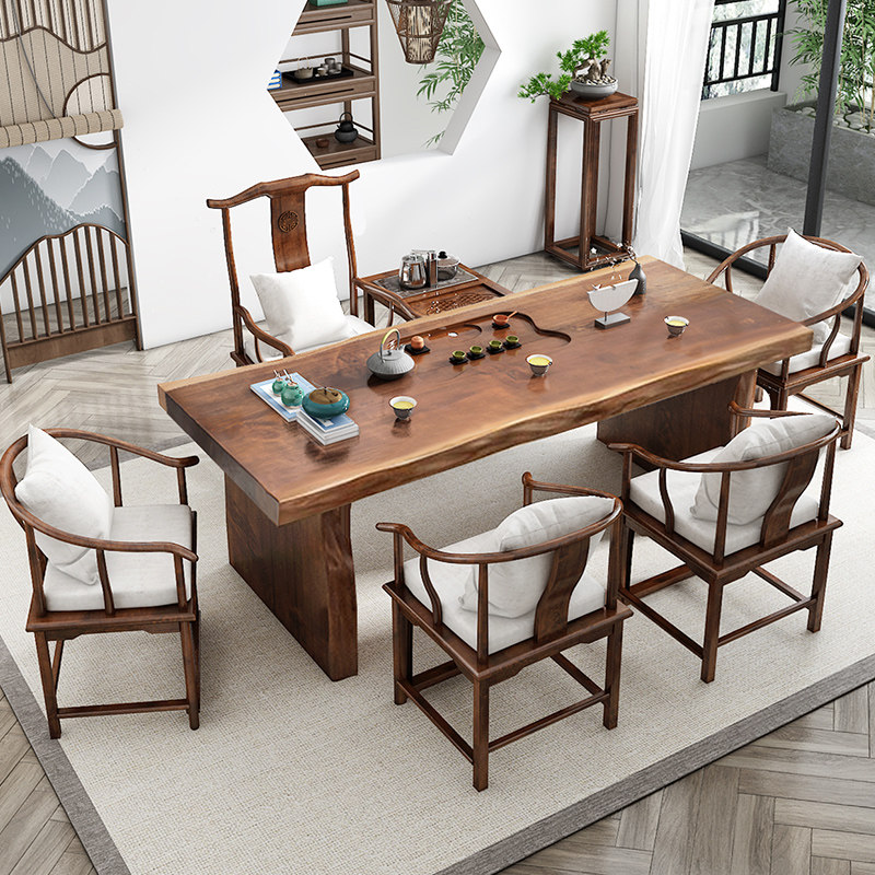 Tea table modern minimalist home solid wood large plate tea table New Chinese log tea table Zen with table and chairs combined with tea tray