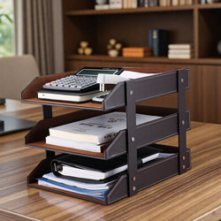 Desk File Holder Leather Three-Layer Vertical File Storage Rack Office File Folder Storage Box Office Supplies Storage File Basket Multi-Layer Black File Rack