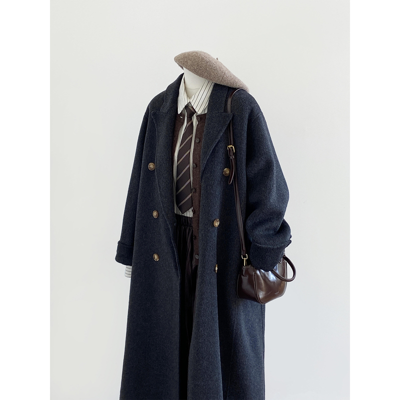 Korean Style High-End Double-Sided Wool Mid-Length Cashmere Coat for Women 2025 Autumn and Winter Charcoal Gray Loose Woolen Coat Korean Style High-End Double-Sided Wool Mid-Length Cashmere Coat for Women 2025 Autumn and Winter Charcoal Gray Loose Woolen Coat